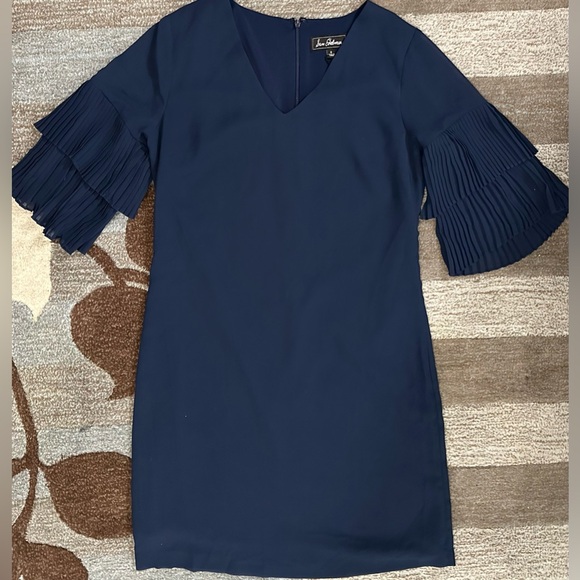 Sam Edleman V-Neck Navy Chiffon Shift Dress w 1/2 Tiered Pleated Sleeves - Picture 3 of 10